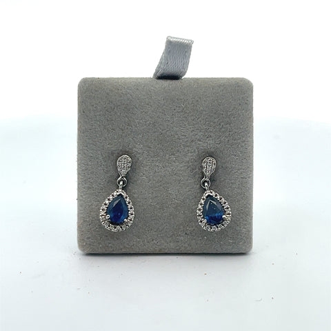 18KT WG Pear Sapphire Halo Drop Earrings