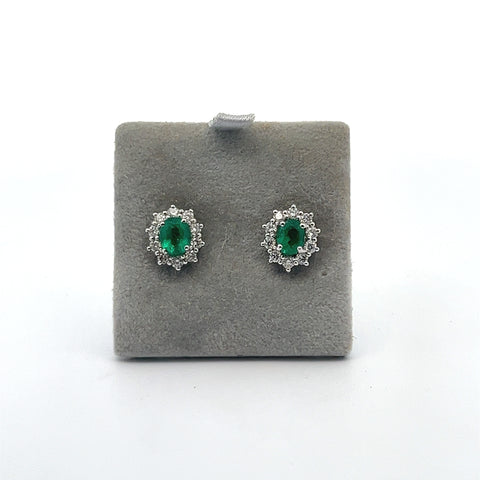 18KT WG Oval Emerald and Diamond Cluster Earrings