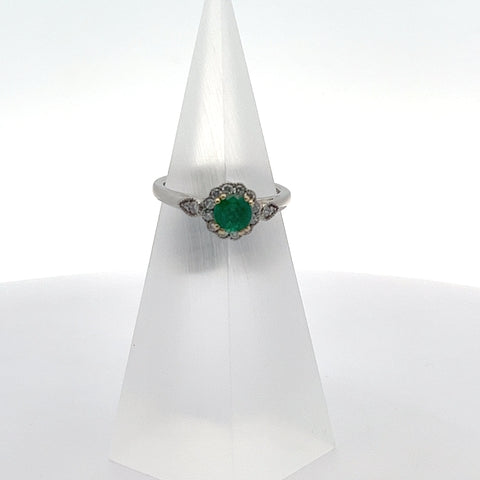 E0063 - Platinum / 18kt YG Round Emerald Milgrain Halo Ring