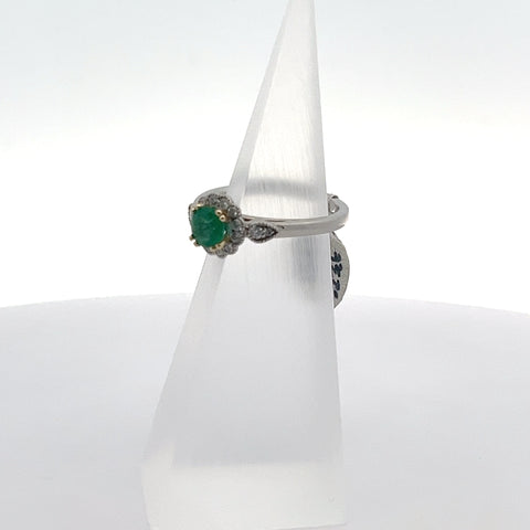 E0063 - Platinum / 18kt YG Round Emerald Milgrain Halo Ring