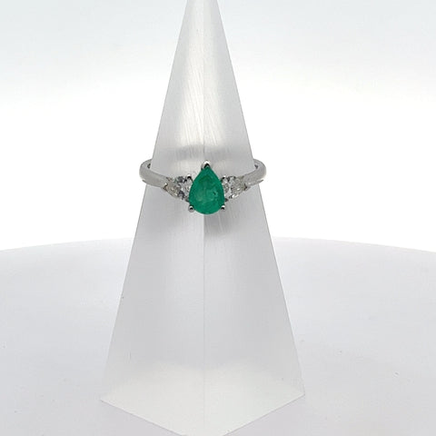 E0109 - Platinum Pear Emerald with Pear Diamond Ring
