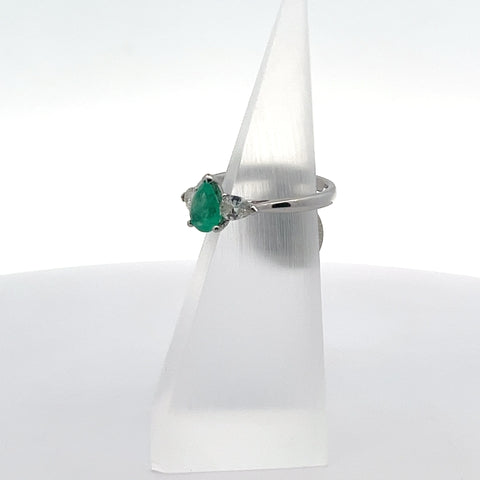 E0109 - Platinum Pear Emerald with Pear Diamond Ring