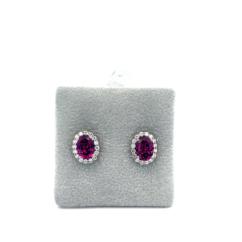 18KT WG Oval Purple Garnet Halo Earrings