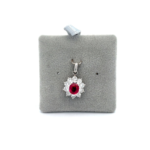 Platinum Oval Ruby and Diamond Cluster Pendant