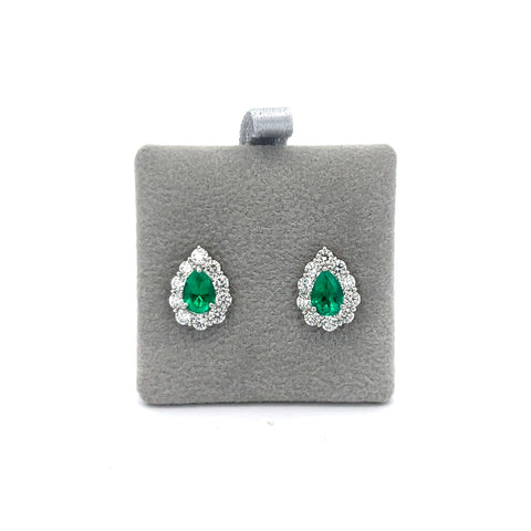 Platinum Pear Shape Columbian Emerald Halo Earrings