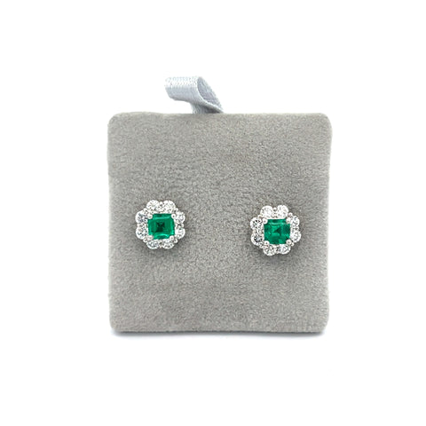 Platinum Square Octagonal Columbian Emerald Halo Stud Earrings