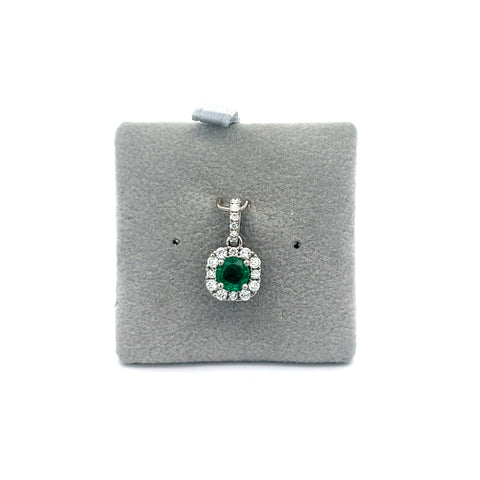 18kt WG Round Zambian Emerald Halo Pendant