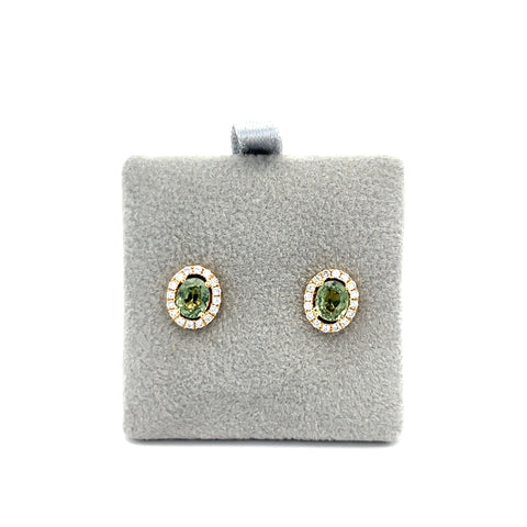 18kt YG Oval Green Sapphire Halo Earrings