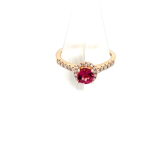 TOURM37 - 18KT RG Round Pink Tourmaline and Halo Diamond Ring