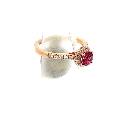 TOURM37 - 18KT RG Round Pink Tourmaline and Halo Diamond Ring