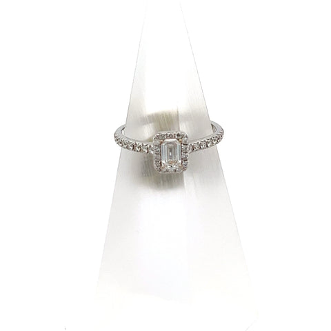40551 - 18kt White Gold Emerald-Cut Halo and Shoulders Ring
