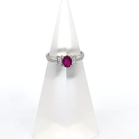 R0148 - Platinum Oval Ruby Emerald Diamond Three stone