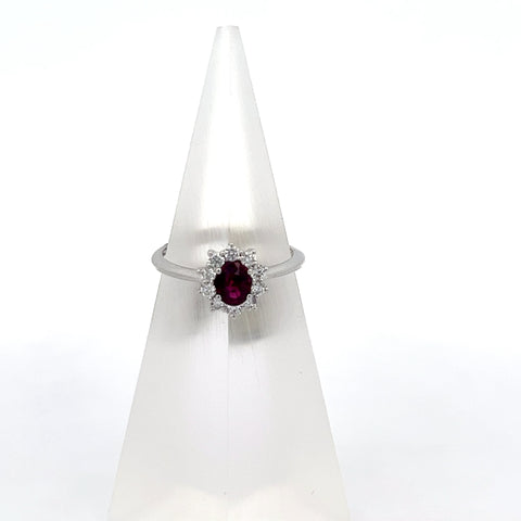 R0150 - 18kt WG Oval Ruby Diamond Cluster Ring