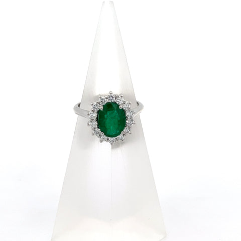 E0180 - 18kt WG Oval Emerald Diamond Cluster Ring