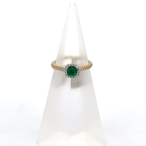 E0182 - 18KT YG Cushion Emerald and Diamond Ring