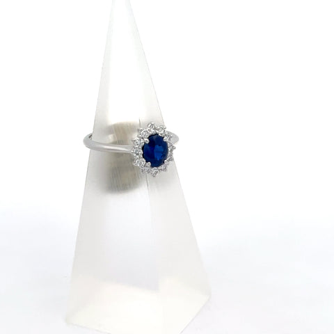 S0188 - 18KT WG Oval Blue Sapphire Cluster Ring