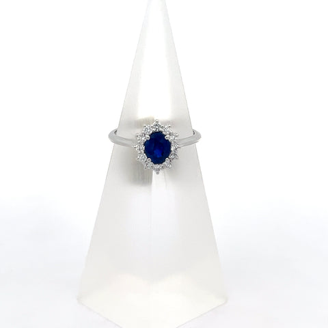 S0188 - 18KT WG Oval Blue Sapphire Cluster Ring