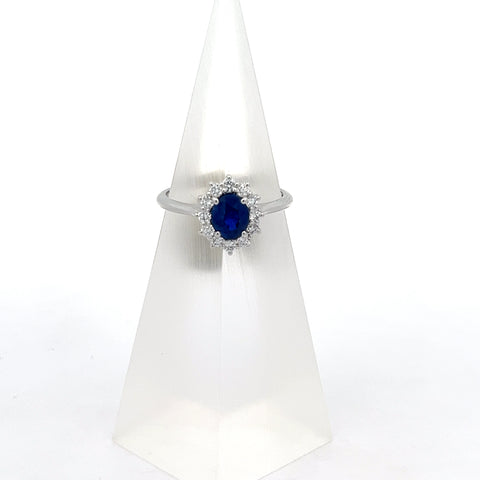 S0188 - 18KT WG Oval Blue Sapphire Cluster Ring