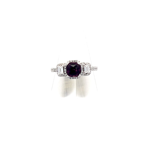 SPIN6 - 18KT WG Cushion Spinel and Emerald Diamond 3 stone Halo Ring