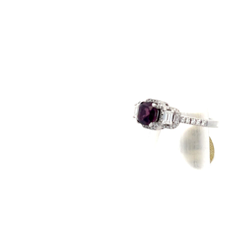 SPIN6 - 18KT WG Cushion Spinel and Emerald Diamond 3 stone Halo Ring