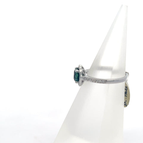 TS0205 - 18kt WG Teal Round Sapphire with Fancy Halo and Shoulders