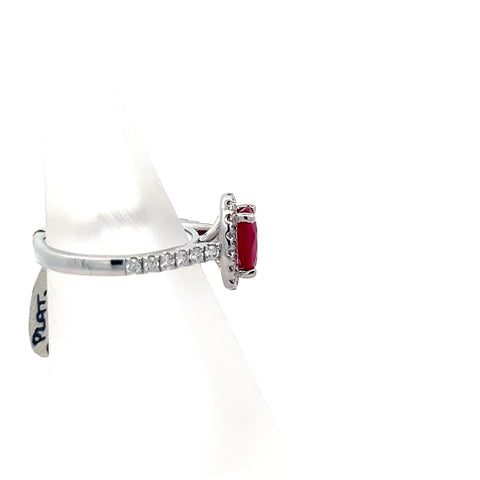 R0126 - Platinum Oval Burma Ruby with Diamond Halo and Shoulders Ring
