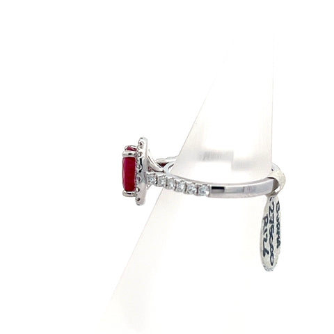 R0126 - Platinum Oval Burma Ruby with Diamond Halo and Shoulders Ring