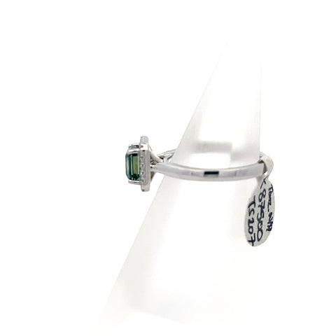TS0207 - Platinum Teal Octagonal Sapphire with Diamond Halo Ring