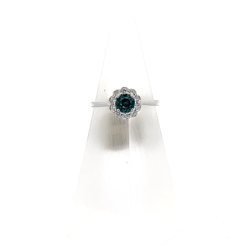 TS0209 - 18kt WG Round Teal Sapphire with Diamond Halo Millgrain Edge Ring