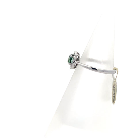 TS0209 - 18kt WG Round Teal Sapphire with Diamond Halo Millgrain Edge Ring