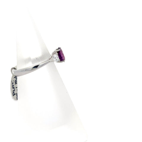 PS0210 - Platinum Oval Purple Sapphire and Pear Diamond Three stone Ring