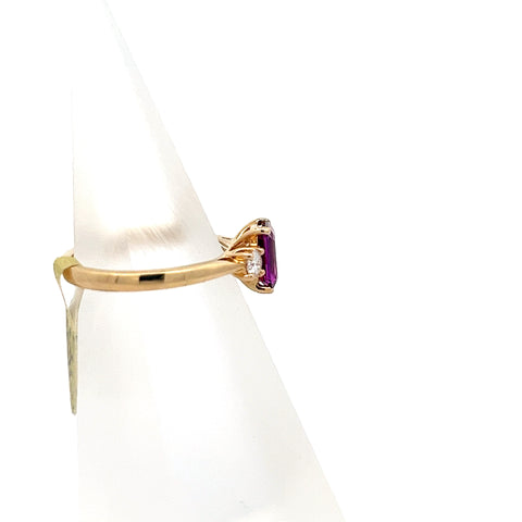 GARN5 - 18kt YG Octagonal Purple Garnet and Round Diamond Three Stone Ring