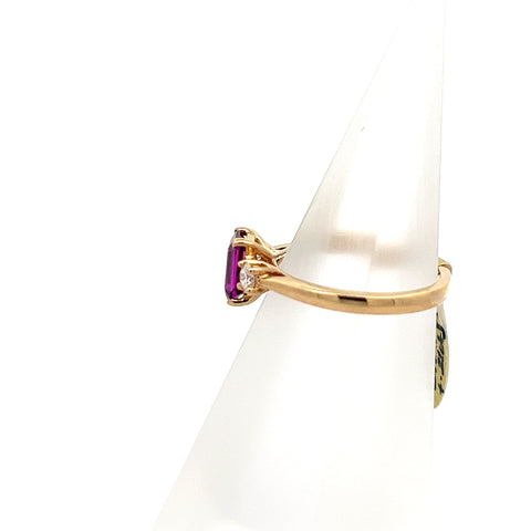 GARN5 - 18kt YG Octagonal Purple Garnet and Round Diamond Three Stone Ring