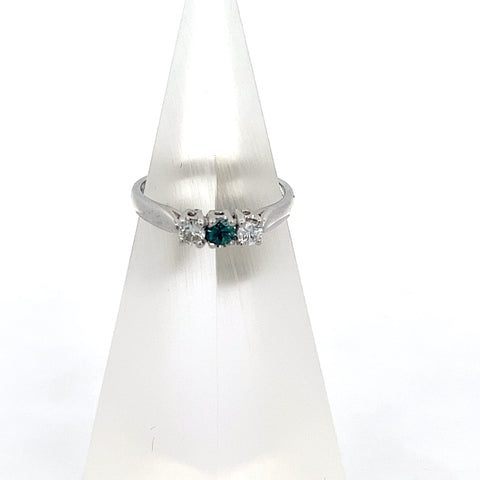 TS0216 - 18kt WG Round Teal Sapphire and Diamond Threestone Ring