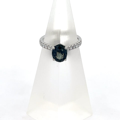 S0212 - Platinum Oval Colour Change No Heat Sapphire with Diamond Shoulders Ring