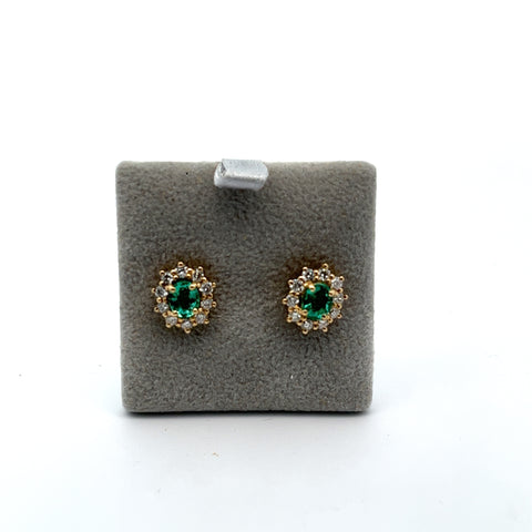 18KT YG Oval Emerald Cluster Earrings
