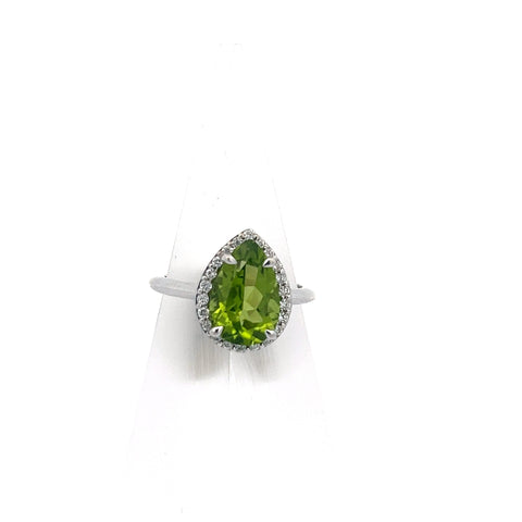 PER1 - 18KT WG Pear Peridot Diamond Halo Ring