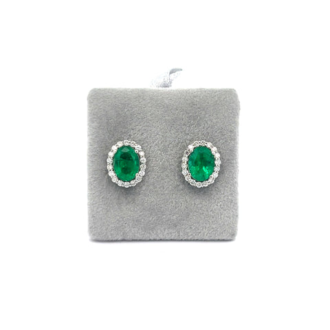 18KT WG Oval Emerald and Diamond Cluster Earrings