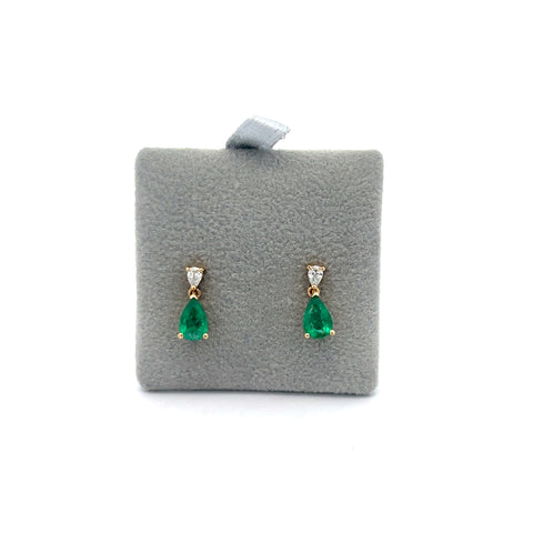 18kt YG Pear Emerald Drop and Diamond Earrings