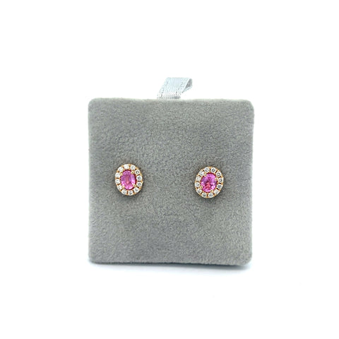 18kt YG Pink Sapphire Oval Halo Earrings