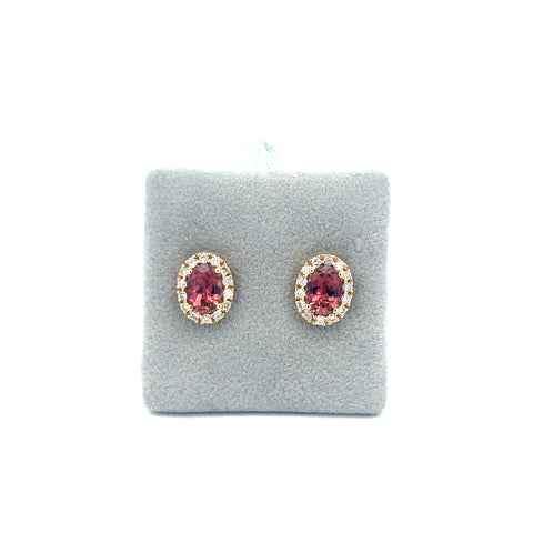 18kt YG Pink Tourmaline Oval Halo Earrings