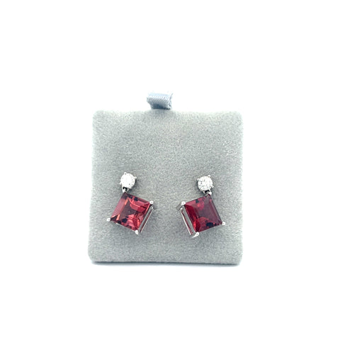 18kt WG Carre Cut Pink Tourmaline and Diamond Earrings