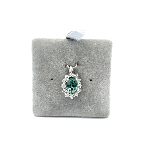18kt WG No Heat Teal Oval Sapphire and Diamond Cluster Pendant