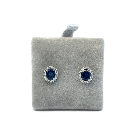 18kt WG Oval Sapphire and Diamond Halo Stud Earrings