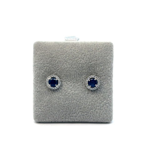 18kt WG Round Sapphire and Diamond Halo Stud Earrings