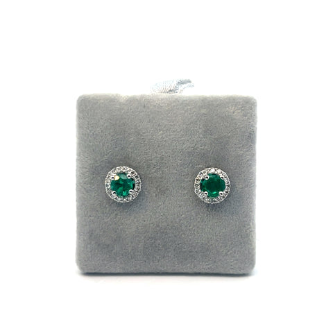 18kt WG Round Zambian Emerald and Diamond Halo Stud Earrings