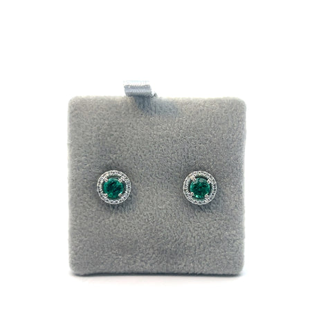 18kt WG Round Zambian Emerald and Diamond Halo Stud Earrings