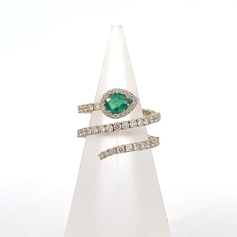 E0187 - 18kt YG Pear Emerald Halo Three Row Diamond Flexible Band