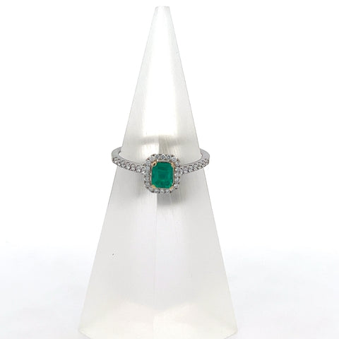 E0189 - 18kt WG/YG Octagonal Colombian Emerald with Diamond Halo and Shoulders