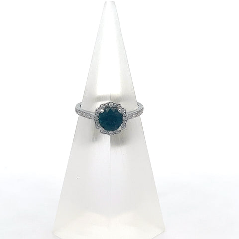 TS0205 - 18kt WG Teal Round Sapphire with Fancy Halo and Shoulders